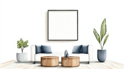 Stylish living room with minimalist decor, featuring a cozy sofa, wooden coffee tables, and decorative plants.