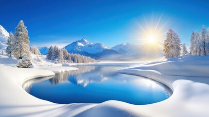 Majestic winter scene with mountains covered in snow, clear skies, and icy rivers. This tranquil winter background sets a peaceful, refreshing mood.