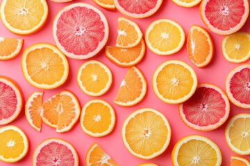 Colorful citrus slices arrangement on pink background