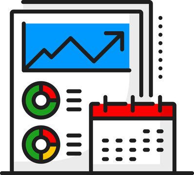 Color financial analysis, accounting, tax revenue and budget line icon representing an annual report, featuring a graph with an upward trend, pie charts, and a calendar business analysis and planning
