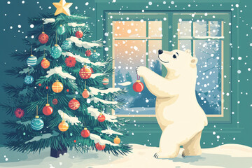 Fototapeta premium Charming polar bear decorating a christmas tree inside a cozy room with a snowy landscape outside the window