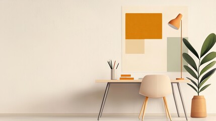 Stylish workspace with minimalist decor, featuring a sleek desk, modern lamp, and vibrant plant, perfect for productivity.