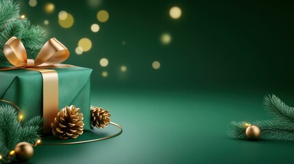 Natural green Christmas background showcasing eco-friendly decorations, including reusable fabric gift wraps and pine garlands, with a soft glowing light.