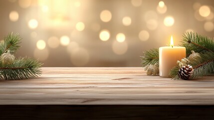 Natural rustic Christmas setting with wooden textures, pine branches, and soft candlelight, creating a peaceful, minimalist holiday atmosphere.