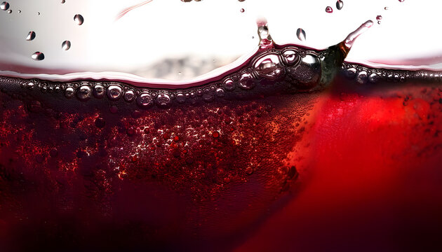 Red wine splashing with bubbles close up and Dew Point on glass, abstract wine with bubbles and foam texture background
