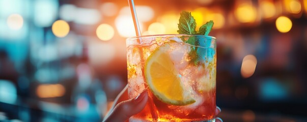 A person sips a colorful cocktail garnished with mint and lemon at a lively bar