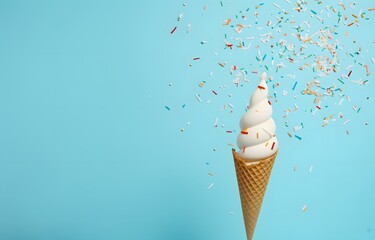 Vanilla Ice Cream Cone with Sprinkles on Blue Background