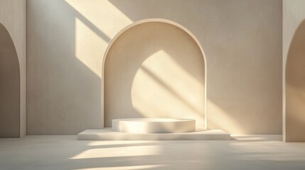 Minimalist white platform on a beige wall with arched openings and sunlight.