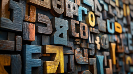 Textured wooden letters in various colors create visually striking composition, showcasing creativity and design. This artistic arrangement highlights beauty of typography and craftsmanship