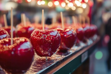 festive treats - candied apples on sale at christmas fair or autumn festival with sprinkles, lights bokeh
