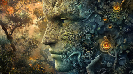 digital artwork depicting surreal face formed from intricate natural elements, blending seamlessly with vibrant forest background. piece evokes sense of wonder and connection to nature
