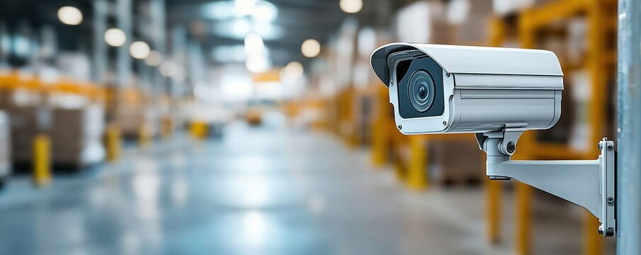 Surveillance camera monitoring warehouse environment.