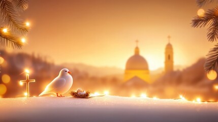 Obraz premium Peaceful Christmas background showcasing religious symbols such as a cross, dove, and nativity scene, softly lit by warm, glowing lights.