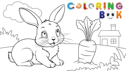 Funny rabbit with carrot, farm scene, coloring page