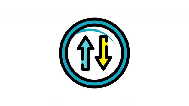 Animated up and down circle, black outline, yellow down arrow, blue up arrow. Ideal for financial concepts, stock market trends, data visualization designs.
