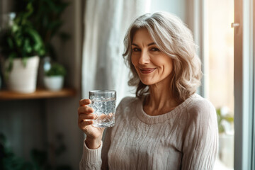 Happy healthy woman of middle age holding glass of clear water for body hydration. Morning daily hydrating treatment