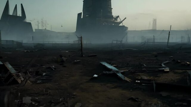 A disturbing landscape filled with twisted metal scraps and skeletal remains, depicting a haunting and desolate environment.