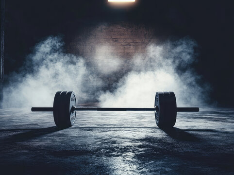 Heavy barbell resting under dramatic lighting in empty gym