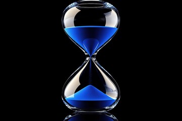 Elegant glass hourglass with flowing blue sand on black background