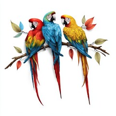 Fototapeta premium Vibrant macaws perched on a branch, showcasing stunning colors and intricate feather details. A perfect addition to nature collections.