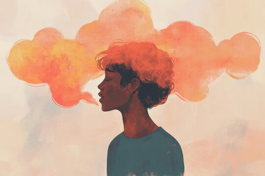 person struggling with slurred speech, depicted through a thought bubble or speech balloon. social anxiety, stuttering problem, soft, muted color palette. Intrusive thoughts and rumination.