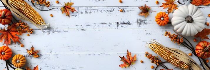 Autumn Decorations on White Wooden Background