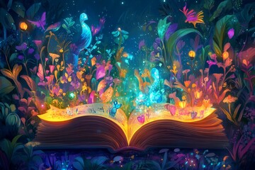 Fototapeta premium open children storybook with vibrant whimsical illustrations emerging from its pages, classic fairy tales or folklore. colorful and enchanting, with a focus on the magic and wonder of storytelling