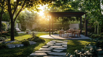 Obraz premium serene garden scene featuring beautifully designed outdoor dining area under pergola, surrounded by lush greenery and vibrant flowers, perfect for relaxation and gatherings