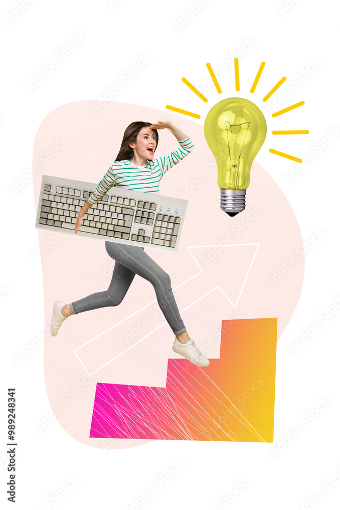 Poster poster banner template collage of inspired happy girl manager working long hours on computer find fi