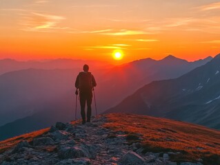 Fototapeta premium Hiker on mountain peak at sunrise, AI generated
