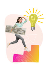 Poster banner template collage of inspired happy girl manager working long hours on computer find finally great idea step staircase up