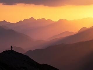 Hiker on mountain peak at sunrise, AI generated