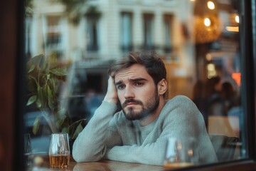 man looking sad seen through a cafe window looking to the distance Online dating challenges. Being stood up. Ghosting.