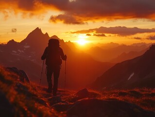 Hiker on mountain peak at sunrise, AI generated