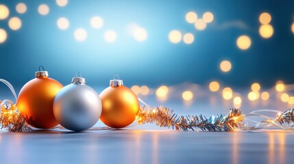 Fototapeta premium Retro-inspired Christmas background featuring bright glass ornaments, metallic tinsel, and warm lights, evoking the charm of mid-century holiday decor.