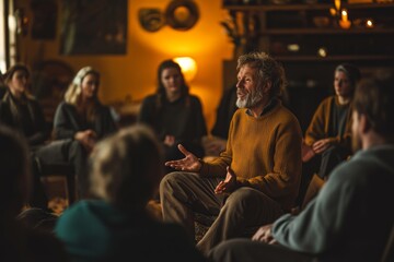 group of people gathered around a storyteller, with warm lighting and a cozy, intimate setting. The storyteller is animated, using expressive gestures, and the audience appears engaged and captivated