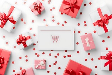 Online retail card highlighting future of subscriptionbased shopping offering sleek design with a large blank space on the lower right surrounded by abstract subscription box and product renewal icons