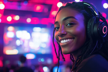 Professional female esport gamer with headphones smiling while playing in arena