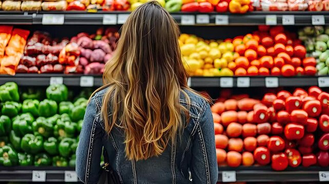 Woman shopping for fresh vegetables in a grocery store, focusing on a colorful produce section with a variety of healthy options.

