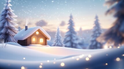 Fototapeta premium Rustic winter background with a cozy wooden cabin, snow-covered trees, and a soft winter glow reflecting off the snow-covered ground.