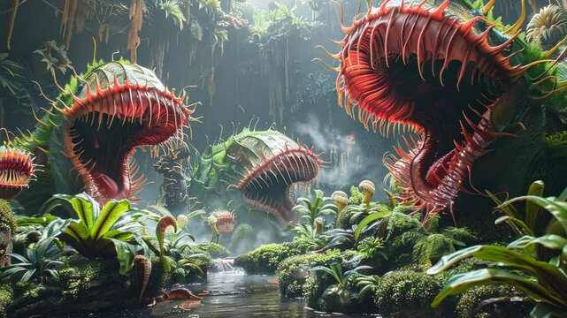 A fantastical garden featuring colossal carnivorous plants dominating the landscape, creating a surreal and enchanting ecosystem.