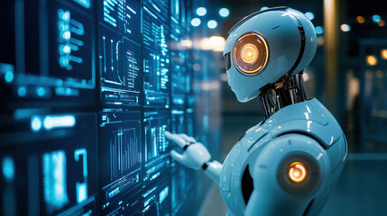 Fototapeta premium futuristic robot interacts with digital interface, showcasing advanced technology and data visualization. scene conveys innovation and integration of AI in modern environments