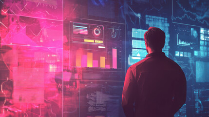 Fototapeta premium person analyzing data on futuristic digital interface, surrounded by vibrant colors and graphs, showcasing power of technology in decision making