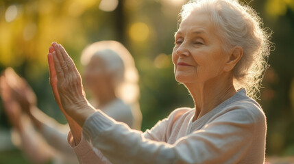 Seniors practicing balance exercises, elderly fitness program, focus and concentration
