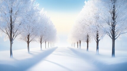Obraz premium Serene winter background with tall, snow-covered trees lining a path through a snowy forest, the soft winter light filtering through the branches.