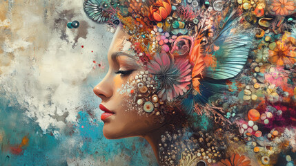 vibrant and artistic portrait of woman with floral and colorful hair design, showcasing blend of nature and beauty. intricate details evoke sense of wonder and creativity