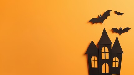 Spooky Halloween Haunted House and Bat on Pastel Orange Background with Copy Space