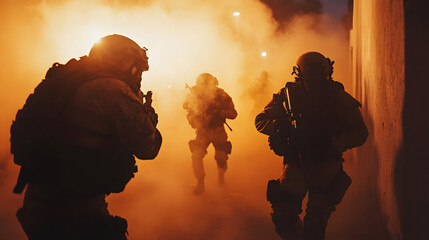 An intense SWAT team breaching a building at dawn.