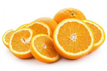 Fototapeta premium A pile of whole and sliced oranges on a white background.