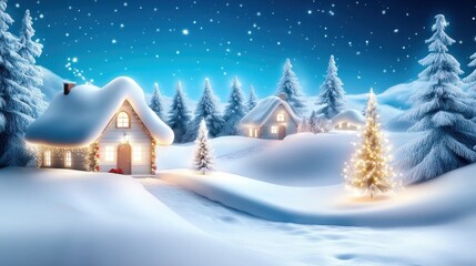 Naklejka premium Snow-covered Christmas village with twinkling lights, decorated trees, and a warm holiday glow under a snowy winter night sky.